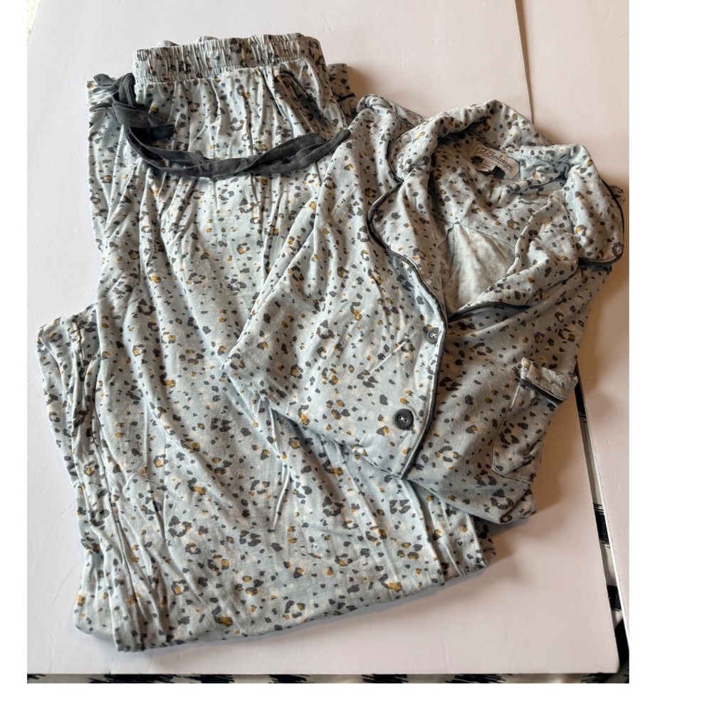 PJ Salvage Womens Blue Leopard Print Pajama Set Long Sleeve Button Up Large
